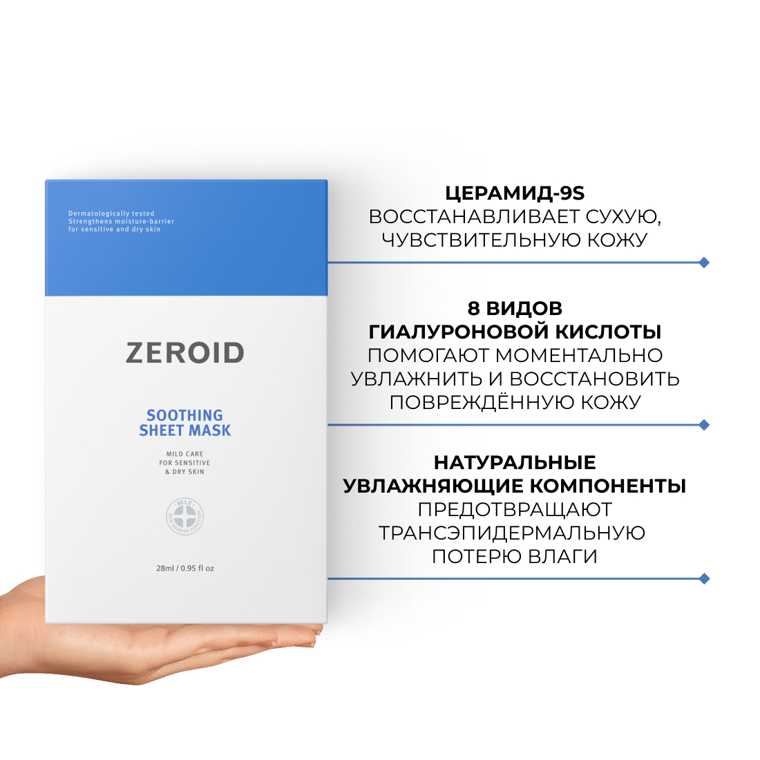 Набор тканевых масок для сухой и чувствительной кожи лица ZEROID Soothing, 28 мл(5шт)